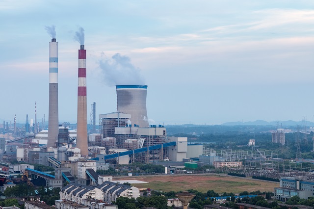 thermal power plant closeup at dusk